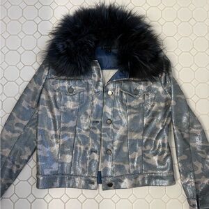 Jocelyn blue fox fur with sequin camo print jean jacket